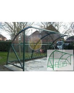 Expert Economy 6 cycle open front shelter manufactured for above ground fixing, supplied in a Leaf Green Powdercoat colour finish (RAL 6002) with render showing cycle stand layout