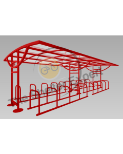 A render of our Ridings Double 40 cycle shelter in red