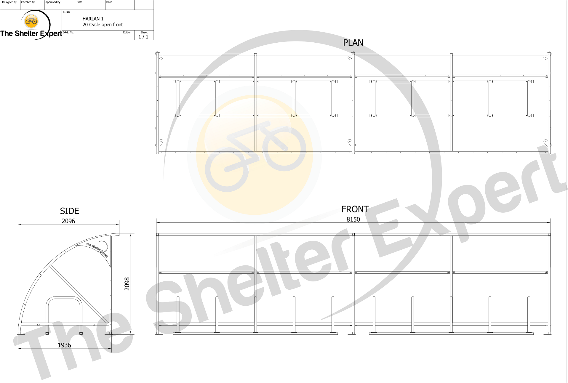 Sales Drawing 20 cycle open fronted cycle shelter style 1
