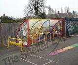 FS69 - Harlequin cycle shelter for 20 cycles with themed end panels